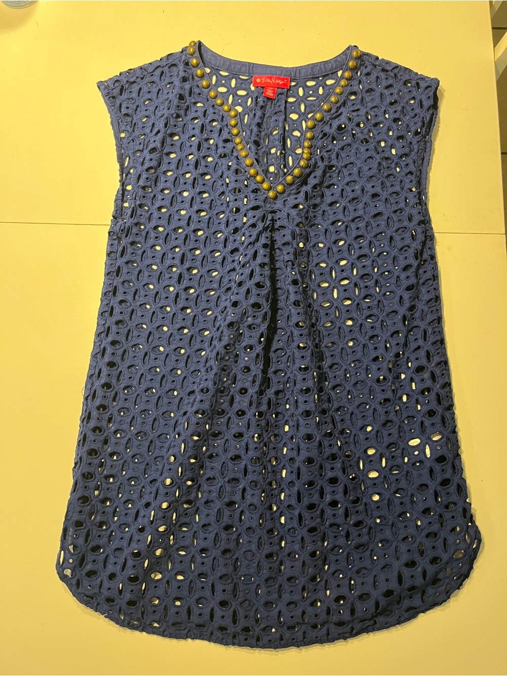 Lilly Pulitzer Navy Eyelet Sleeveless cover up with Gold Bead Neckline small